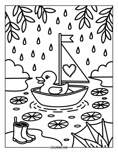 Coloriage de canard en caoutchouc pour adultes : Un canard dans un bateau jouet glisse sur des flaques près de bottes de pluie et de feuilles