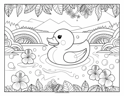 Coloriage de canard en caoutchouc pour adultes : Un canard dans des vagues aux motifs élaborés avec des bulles et de l'hibiscus, encadré de bordures florales décoratives