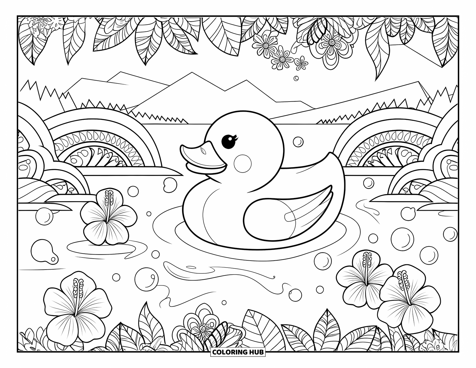 Rubber Duck Coloring Page for Adults: A duck in patterned waves with bubbles and hibiscus, framed by floral decorative borders