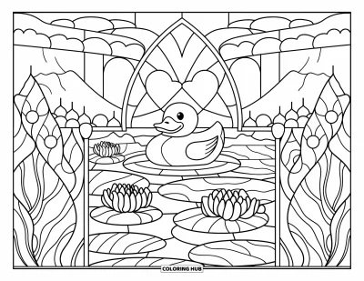 Coloriage de canard en caoutchouc pour adultes : Un canard en vitrail entouré de lis, de nuages et d'un paisible paysage de montagne