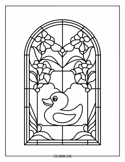 Coloriage de canard en caoutchouc pour adultes : Un canard dans une fenêtre en vitrail floral avec des contours nets et épurés