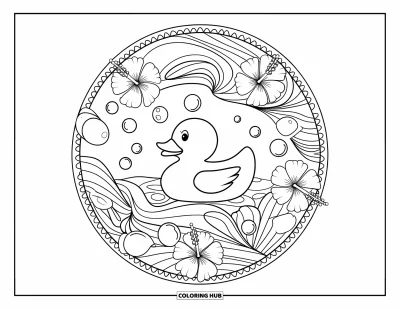 Coloriage de canard en caoutchouc pour adultes : Un canard au centre de vagues, de bulles et de fleurs d'hibiscus avec une bordure décorative