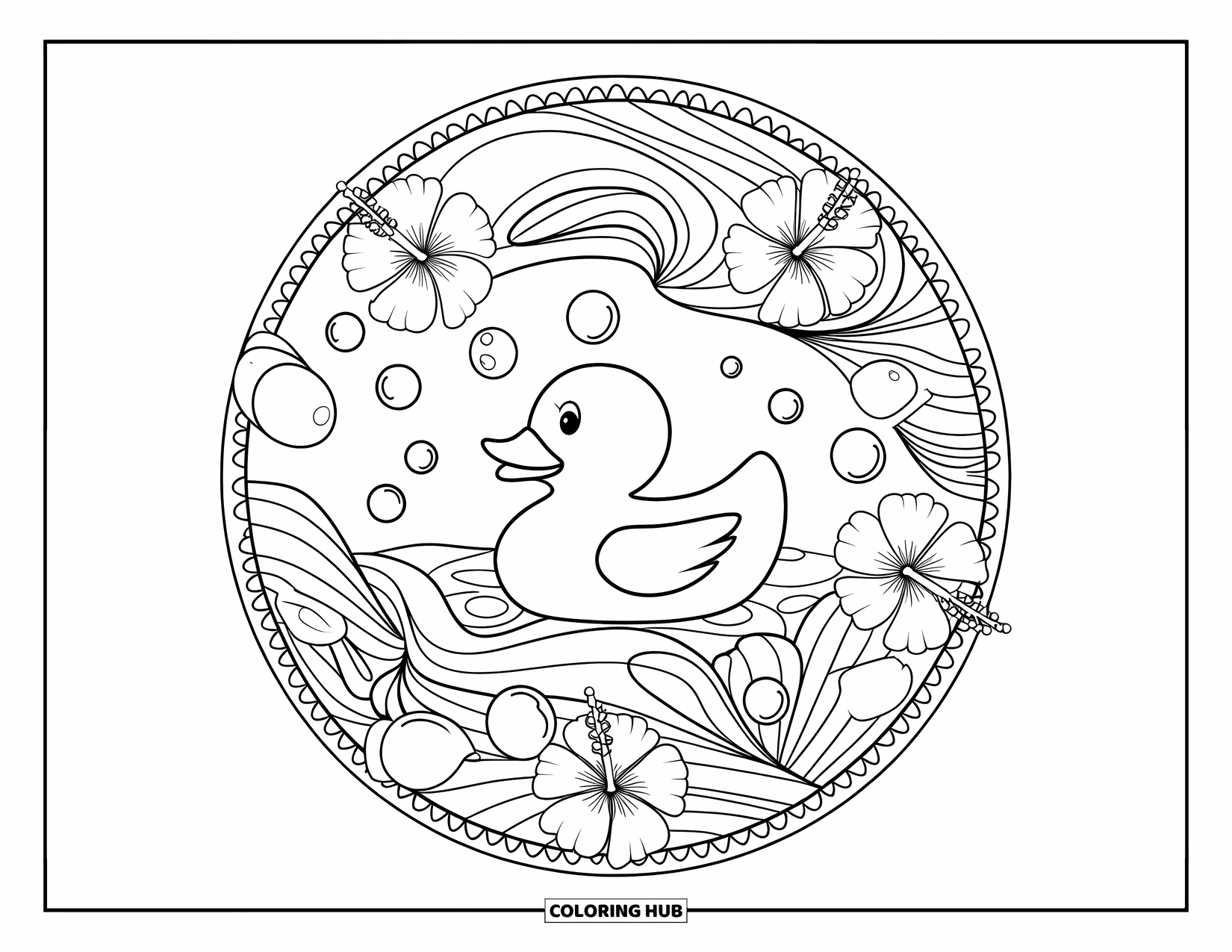 Rubber Duck Coloring Page for Adults: A duck is centered in waves, bubbles, and hibiscus blooms with a decorative border