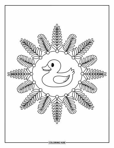 Coloriage de canard en caoutchouc pour adultes : Un canard encerclé de fougères et de lignes de mandala floral sur fond blanc épuré