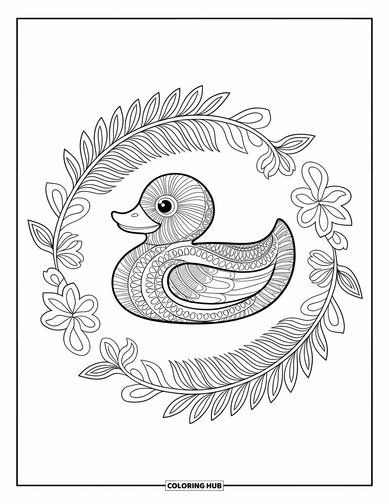 Rubber Duck Coloring Page for Adults: A duck is framed by ferns and floral mandala lines in a peaceful layout