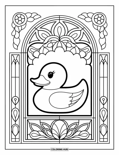 Coloriage de canard en caoutchouc pour adultes : Un canard encadré dans une fenêtre en vitrail arrondie avec des touches florales