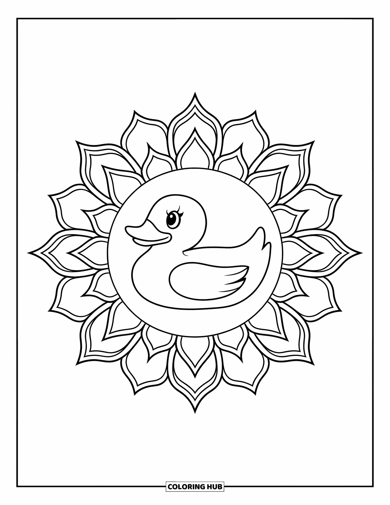 Rubber Duck Coloring Page for Adults: A duck is surrounded by lotus petals in a peaceful mandala layout