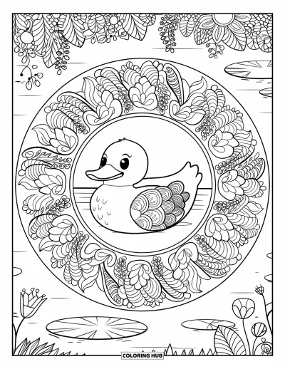 Coloriage de canard en caoutchouc pour adultes : Un canard repose dans un mandala floral avec des nénuphars sur un lac serein