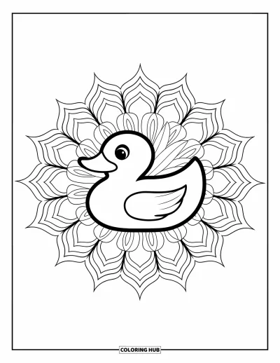 Coloriage de canard en caoutchouc pour adultes : Un canard repose dans un mandala de lotus détaillé avec des contours nets et précis