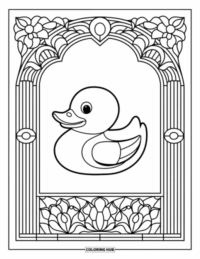 Coloriage de canard en caoutchouc pour adultes : Un canard repose dans un cadre en vitrail arrondi orné de fleurs sur fond blanc
