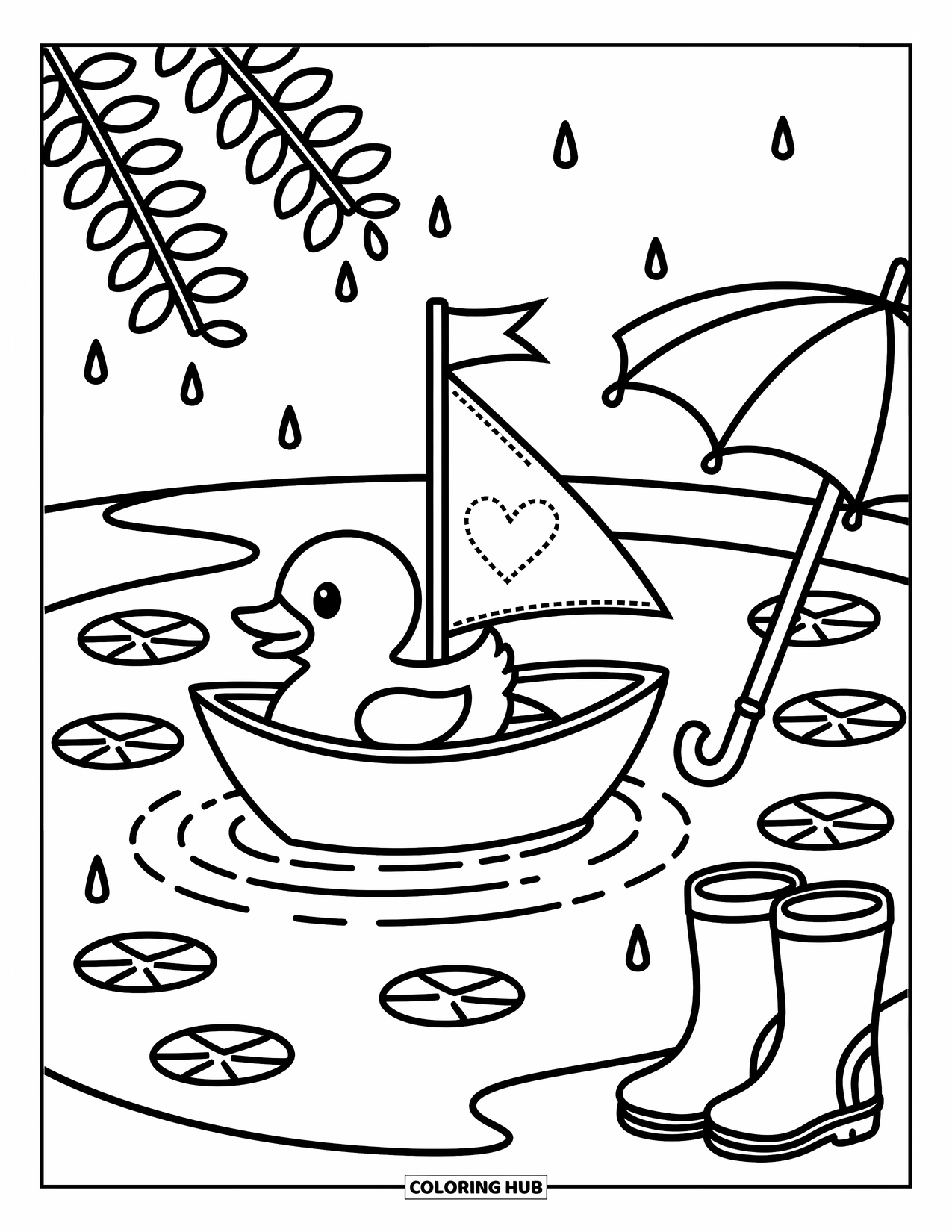 Rubber Duck Coloring Page for Adults: A duck sails in a tiny boat on a puddle near boots and umbrella