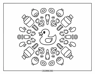 Coloriage de canard en caoutchouc pour adultes : Un canard trône au centre d'un mandala composé de petits accessoires de bain