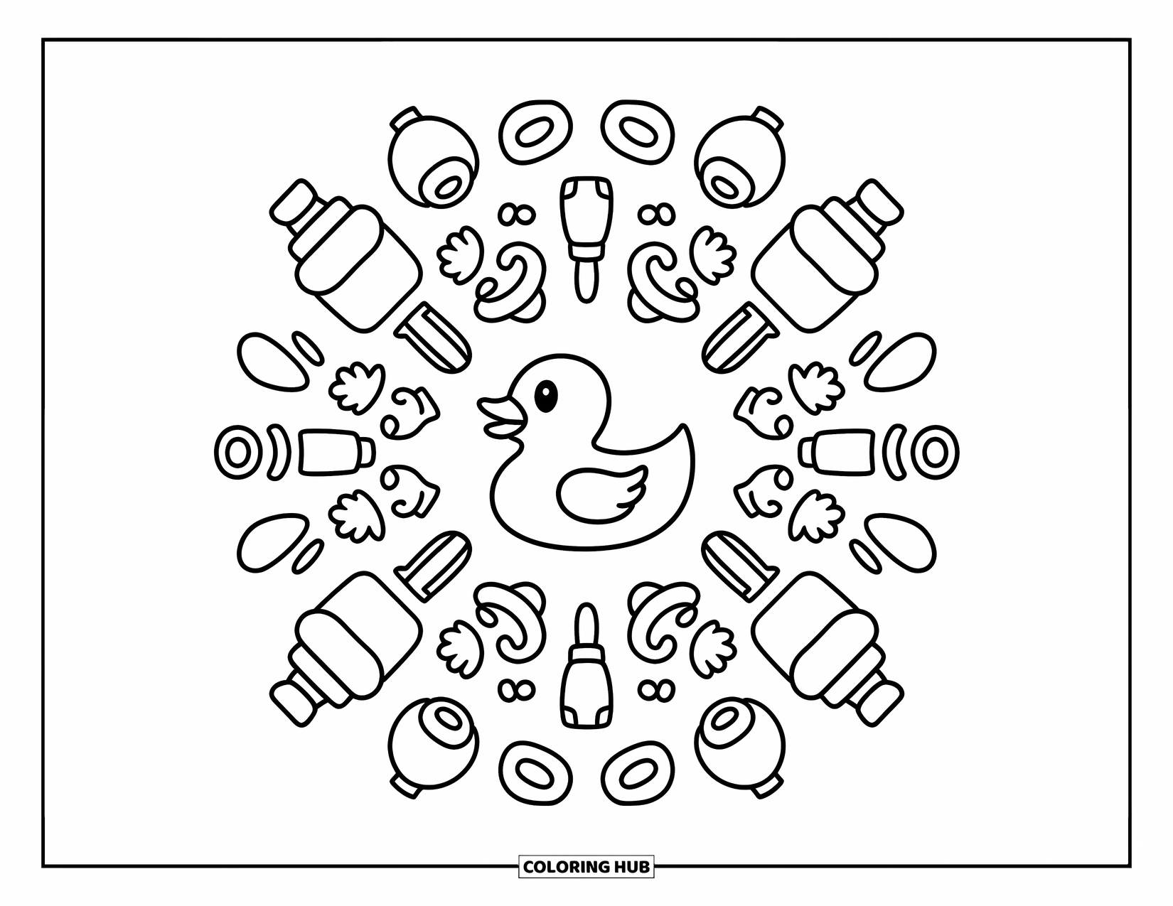 Rubber Duck Coloring Page for Adults: A duck sits at the center of a mandala made of tiny bath items