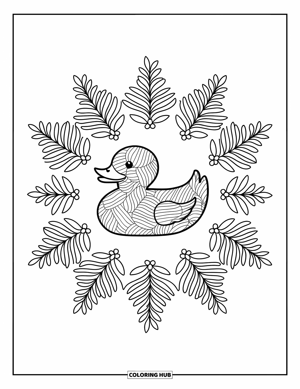 Rubber Duck Coloring Page for Adults: A duck sits at the center of symmetrical fern leaves and flower lines