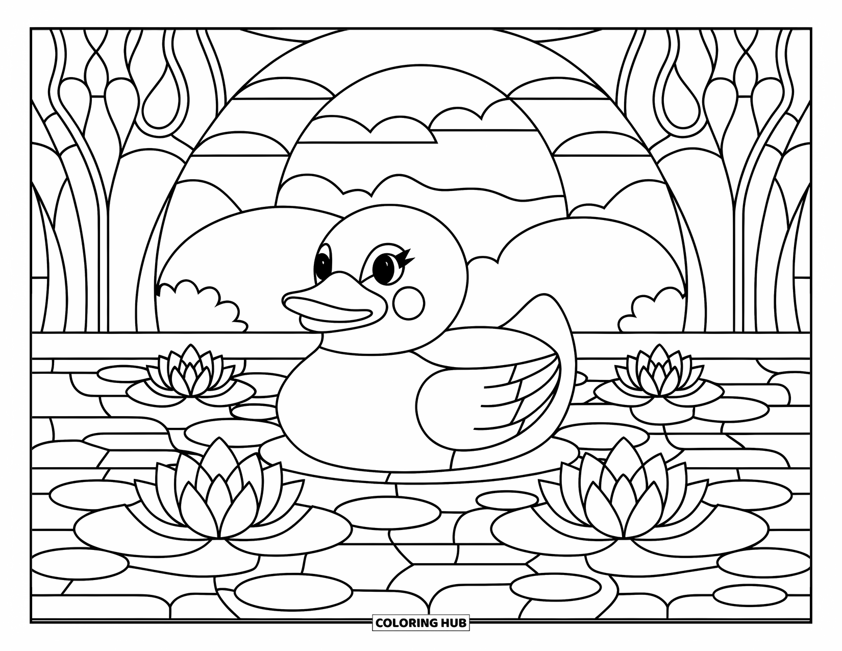 Rubber Duck Coloring Page for Adults: A duck sits in stained glass surrounded by detailed water lilies and trees