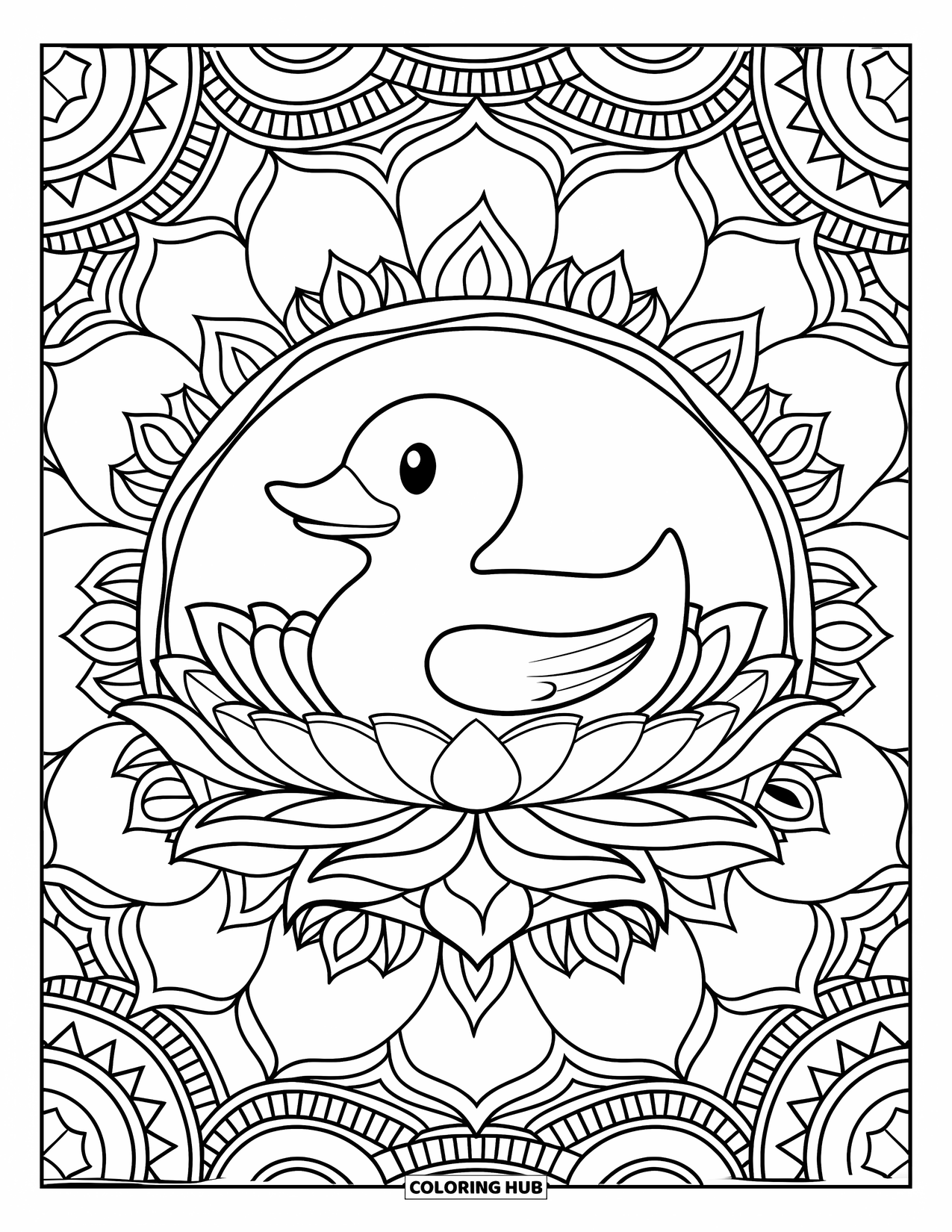 Rubber Duck Coloring Page for Adults: A duck sits in the center of a lotus mandala with intricate borders