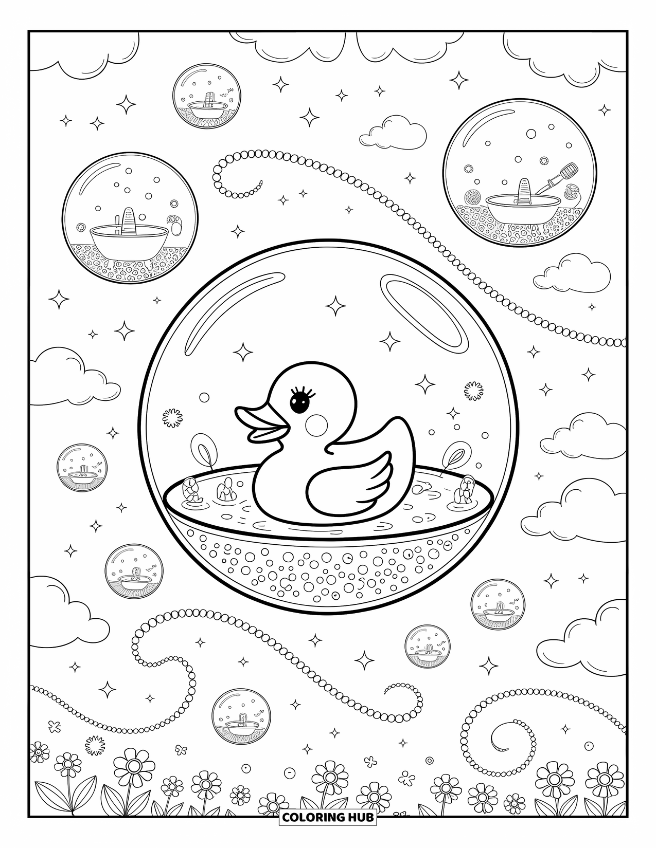 Rubber Duck Coloring Page for Adults: A happy duck floats in a dreamy bubble with sparkles and mini bath items
