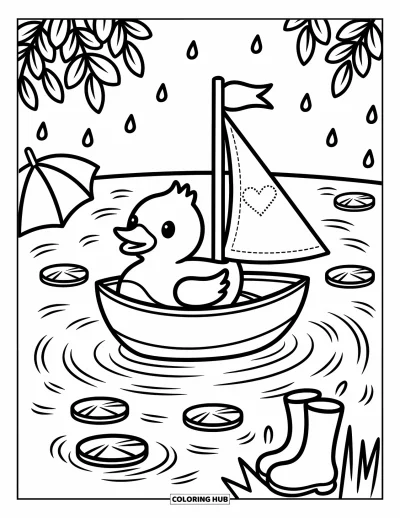 Coloriage de canard en caoutchouc pour adultes : Un canard heureux navigue sur une flaque entourée de feuilles et de bottes de pluie