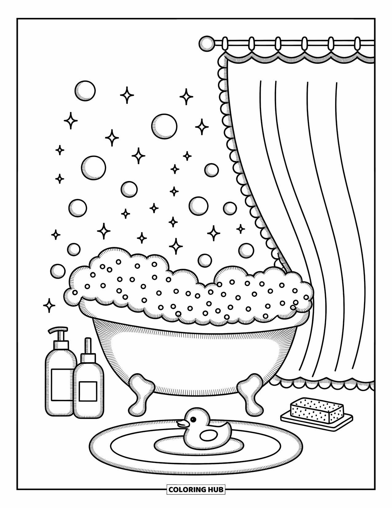 Rubber Duck Coloring Page for Adults: A rubber duck enjoys a bubbly tub with stars, sparkles, and a duck mat
