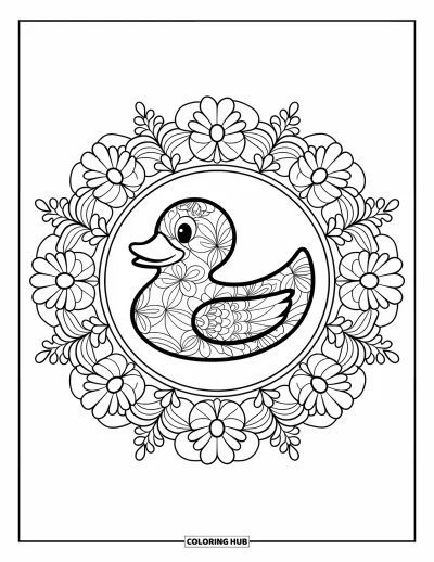 Coloriage de canard en caoutchouc pour adultes : Un canard souriant flotte dans un mandala floral avec des volutes et des feuilles