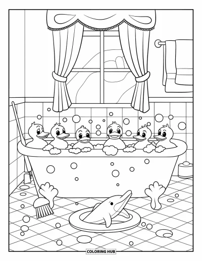 Coloriage de canard en caoutchouc pour enfants : Un bain moussant avec des canards, un dauphin, une fenêtre et des serviettes suspendues