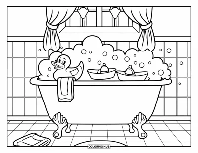 Coloriage de canard en caoutchouc pour enfants : Une scène de baignoire mousseuse avec un canard, des bateaux, une serviette et une fenêtre