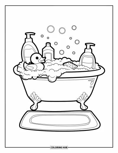 Coloriage de canard en caoutchouc pour enfants : Une baignoire mousseuse avec un canard, des flacons de shampoing et une éponge