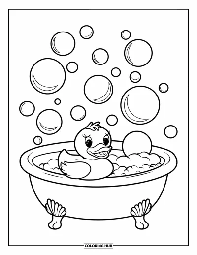 Coloriage de canard en caoutchouc pour enfants : Un canard joyeux flotte dans une baignoire pleine de bulles, simple et plein d'entrain