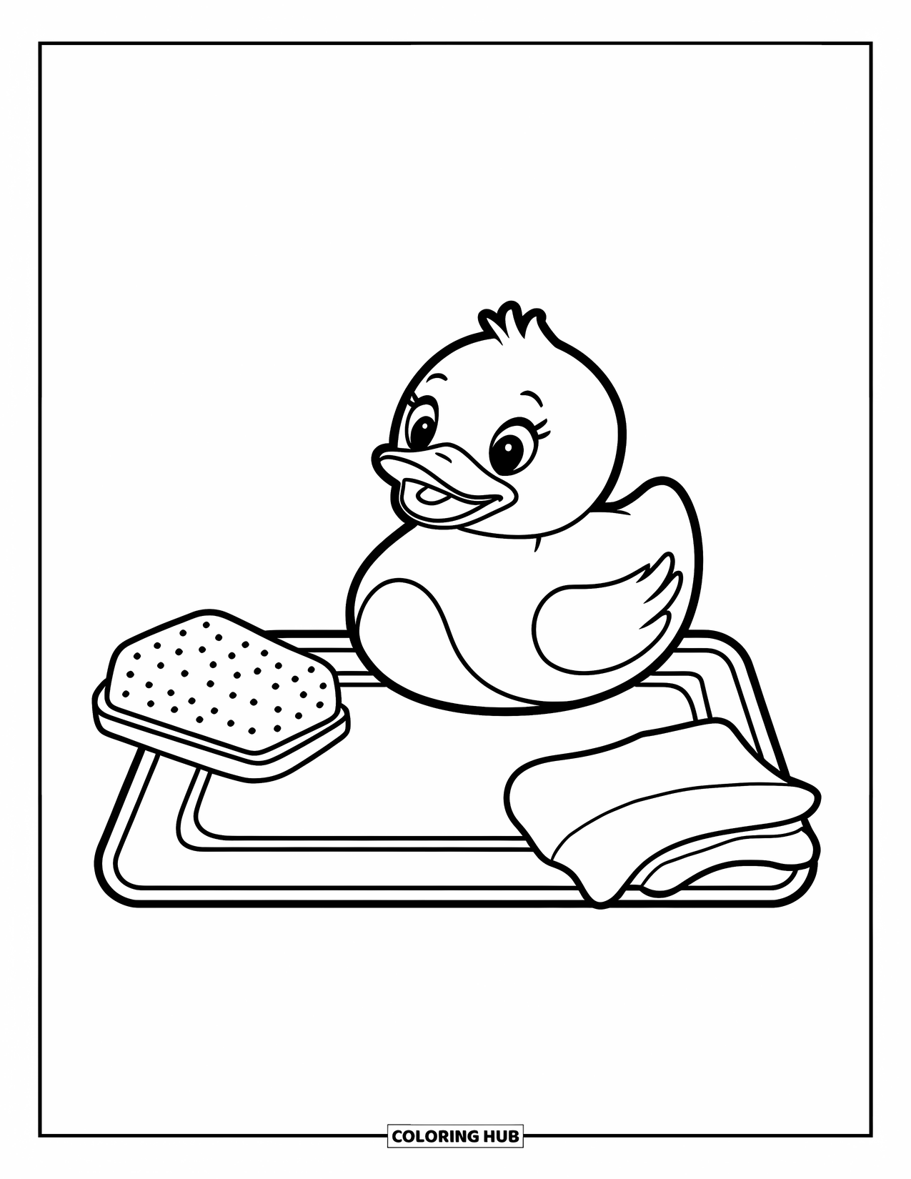 Rubber Duck Coloring Page for Kids: A cheerful duck sits on a bath mat with sponge and washcloth