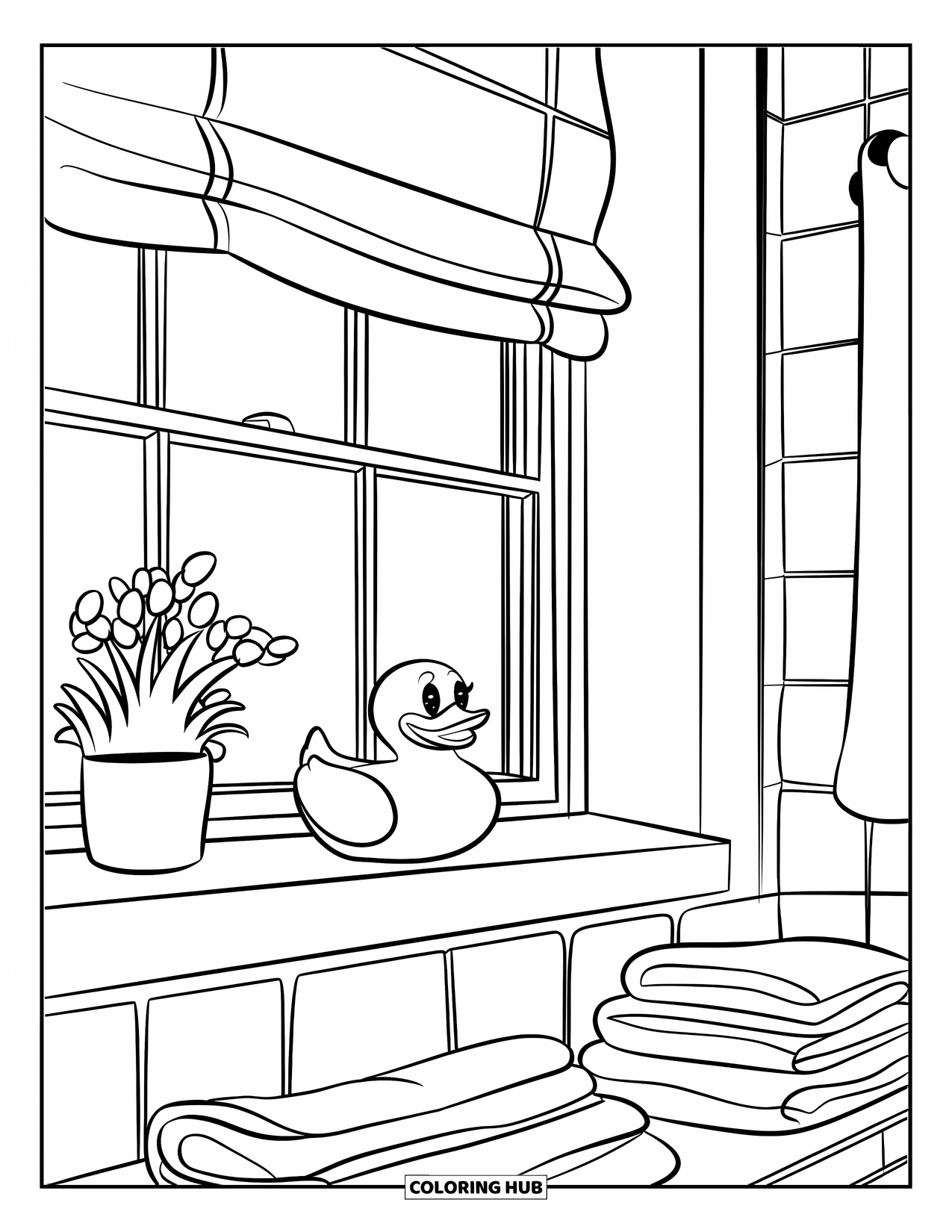 Rubber Duck Coloring Page for Kids: A cozy bathroom scene with duck, plant, and folded linens on the sill