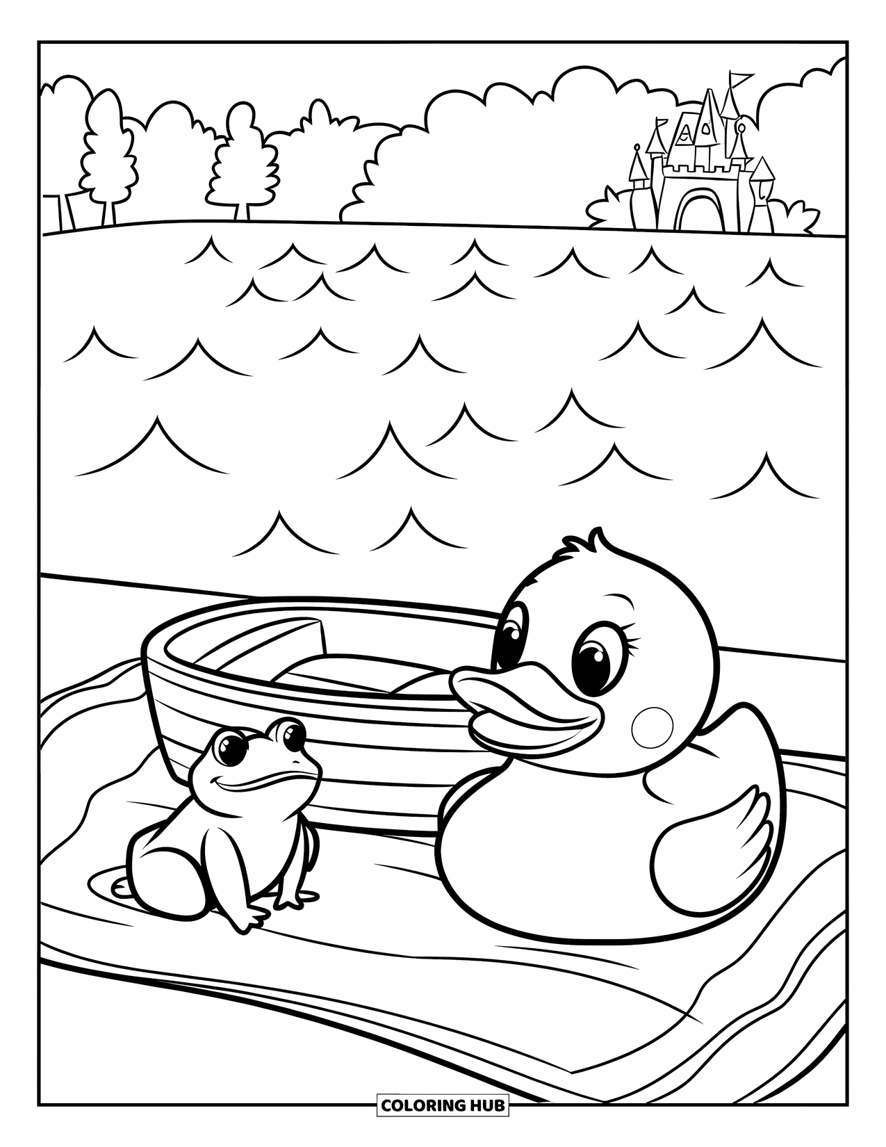 Rubber Duck Coloring Page for Kids: A duck and frog sit by a boat near water, castle, and trees