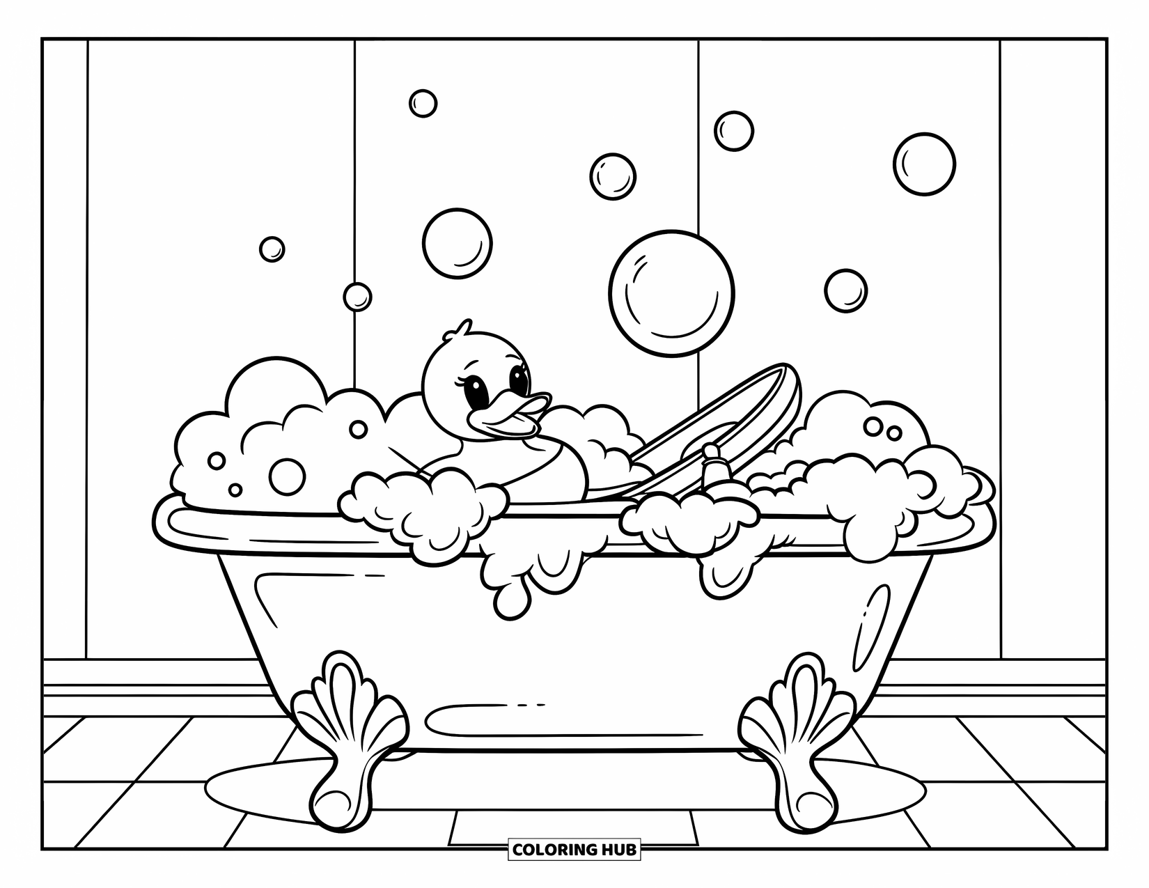 Rubber Duck Coloring Page for Kids: A duck and two toy boats float in a bubbly tub