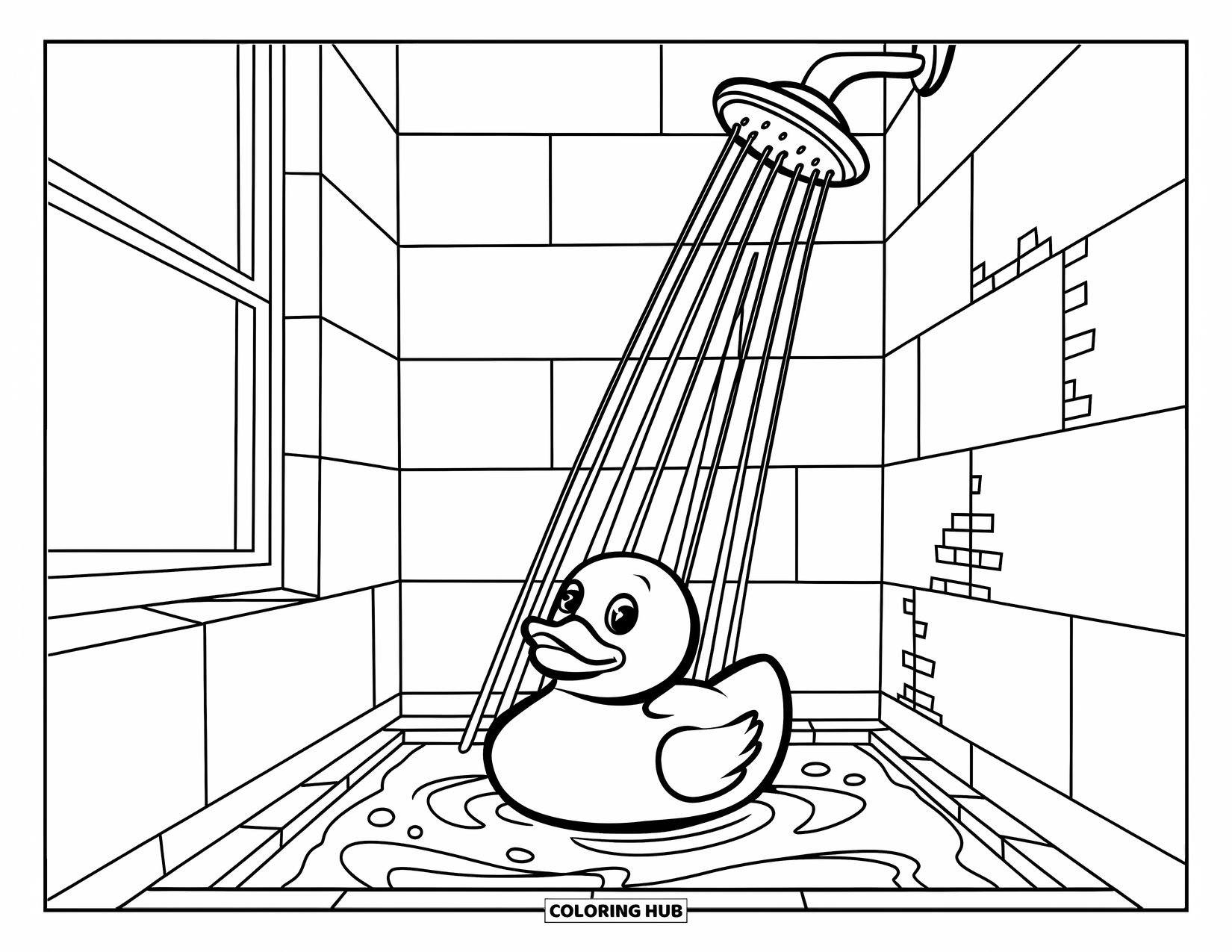 Rubber Duck Coloring Page for Kids: A duck enjoys a modern shower with missing tiles near the window