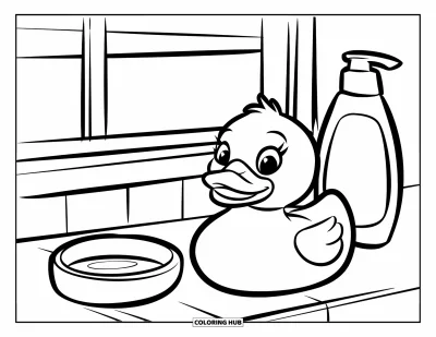 Coloriage de canard en caoutchouc pour enfants : Un canard flotte près du savon et du shampoing dans une salle de bain ensoleillée