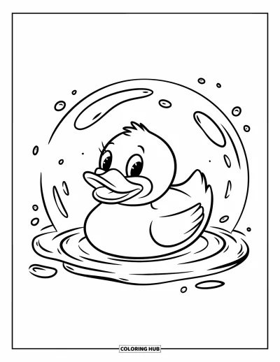 Coloriage de canard en caoutchouc pour enfants : Un canard flotte dans une bulle au milieu d'une eau paisible