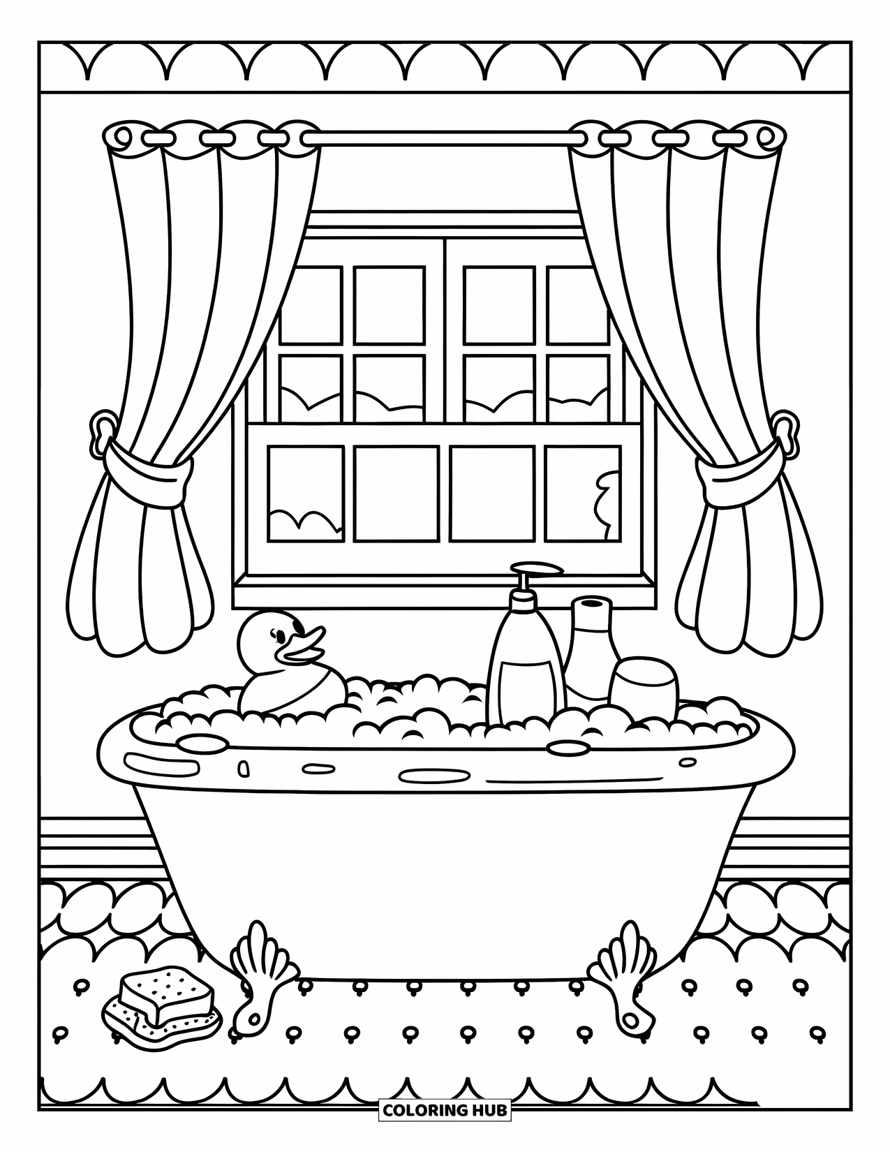 Rubber Duck Coloring Page for Kids: A duck floats in a bubbly tub with shampoo and a sponge nearby