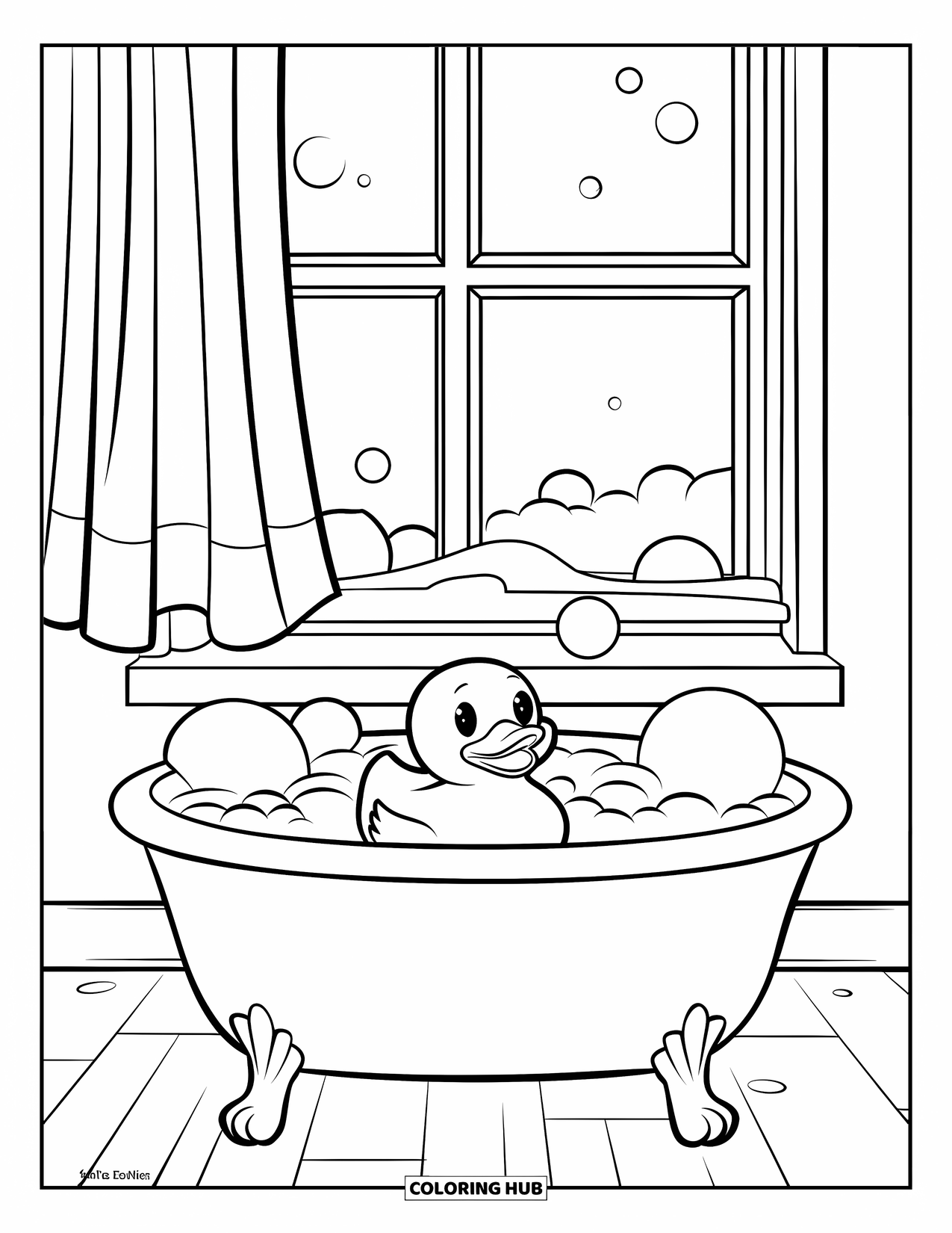 Rubber Duck Coloring Page for Kids: A duck floats in a round tub with bubbles and a curtained window