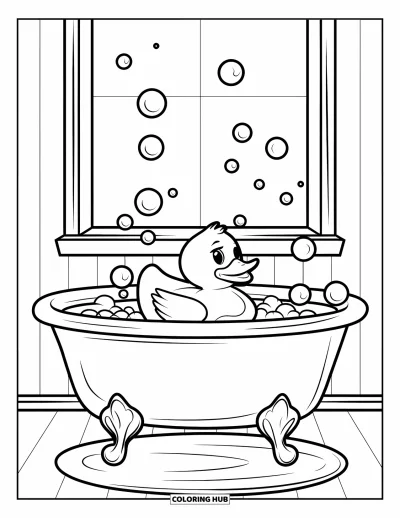 Coloriage de canard en caoutchouc pour enfants : Un canard flotte dans une baignoire ronde avec des bulles, posée sur un support en bois