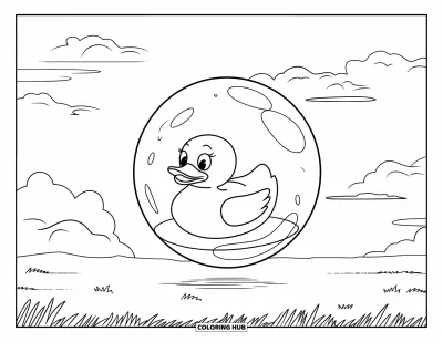 Coloriage de canard en caoutchouc pour enfants : Un canard flotte dans une bulle céleste au-dessus d'une prairie verdoyante