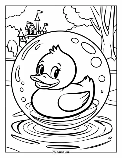 Coloriage de canard en caoutchouc pour enfants : Un canard flotte dans une bulle avec un château au loin