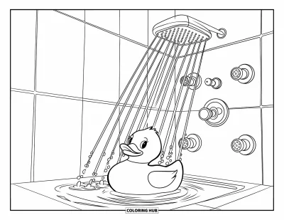 Coloriage de canard en caoutchouc pour enfants : Un canard flotte sous une douche moderne avec des jets diagonaux et des murs carrelés