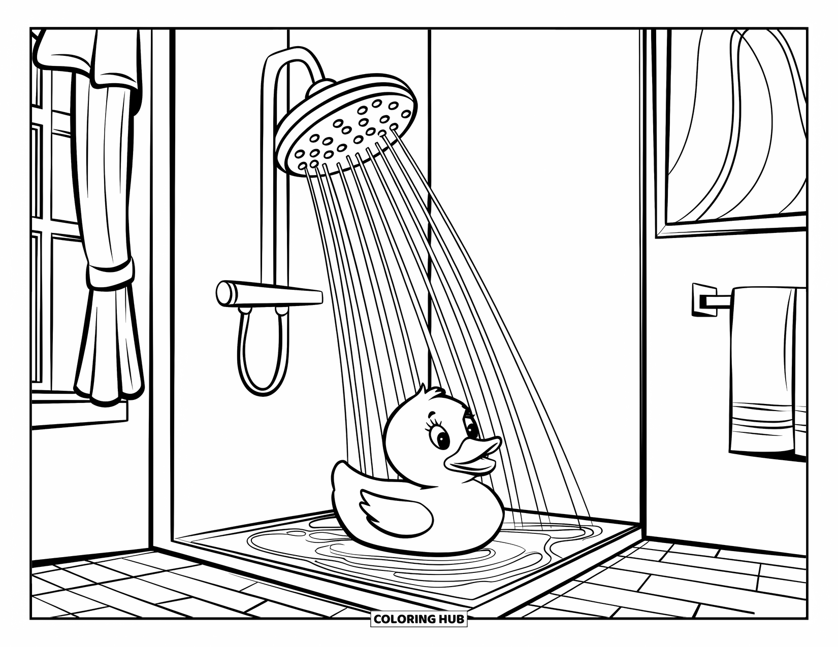 Rubber Duck Coloring Page for Kids: A duck floats under a shower in a cozy bathroom with a towel and window