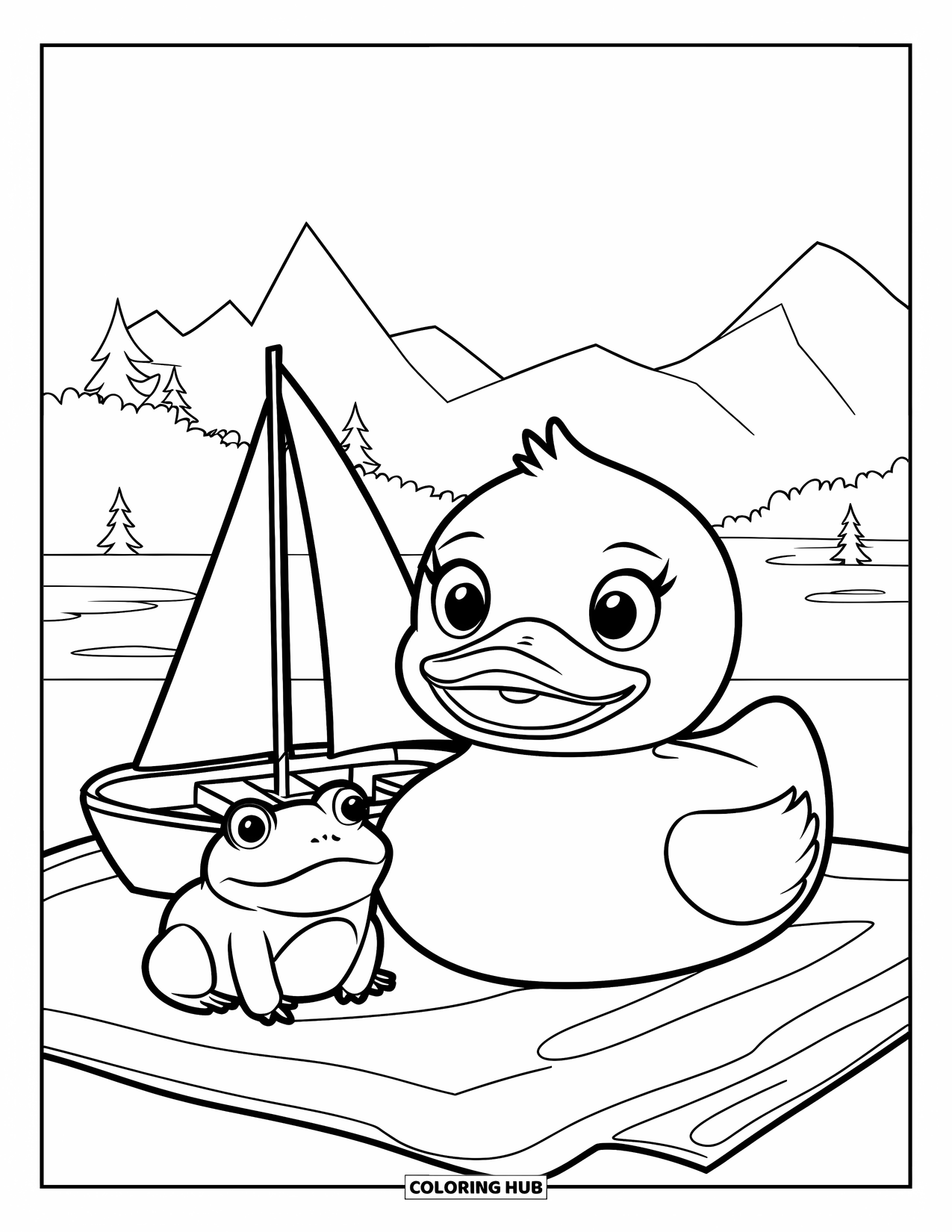 Rubber Duck Coloring Page for Kids: A duck, frog, and sailboat sit peacefully near trees and mountains