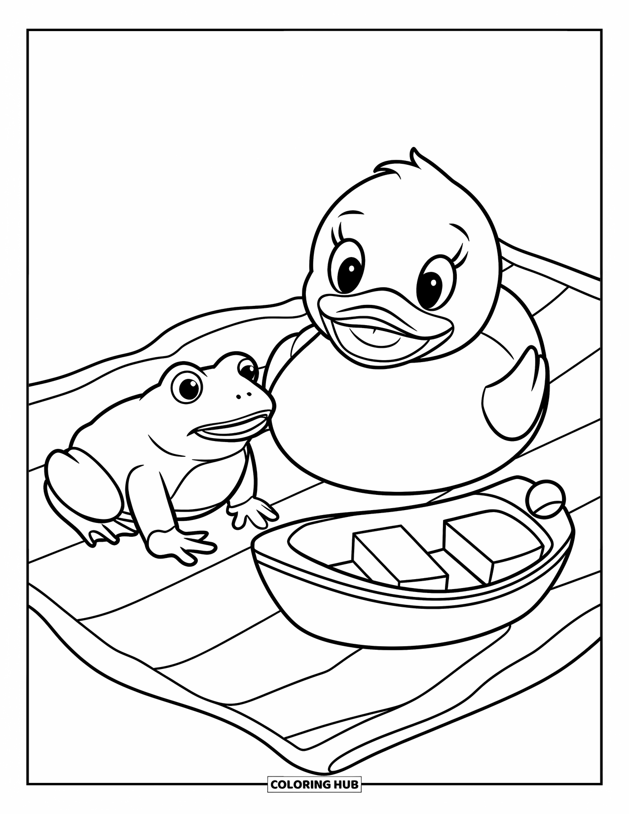 Rubber Duck Coloring Page for Kids: A duck, frog, and toy boat sit together on a towel