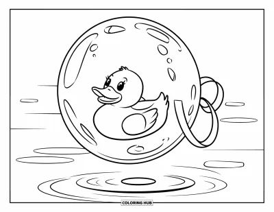 Coloriage de canard en caoutchouc pour enfants : Un canard dans une bulle flottante avec un ruban au-dessus d'une eau paisible
