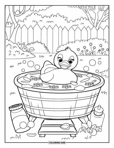 Coloriage de canard en caoutchouc pour enfants : Un canard dans une baignoire de jardin entouré de pétales, de bulles et d'arbres