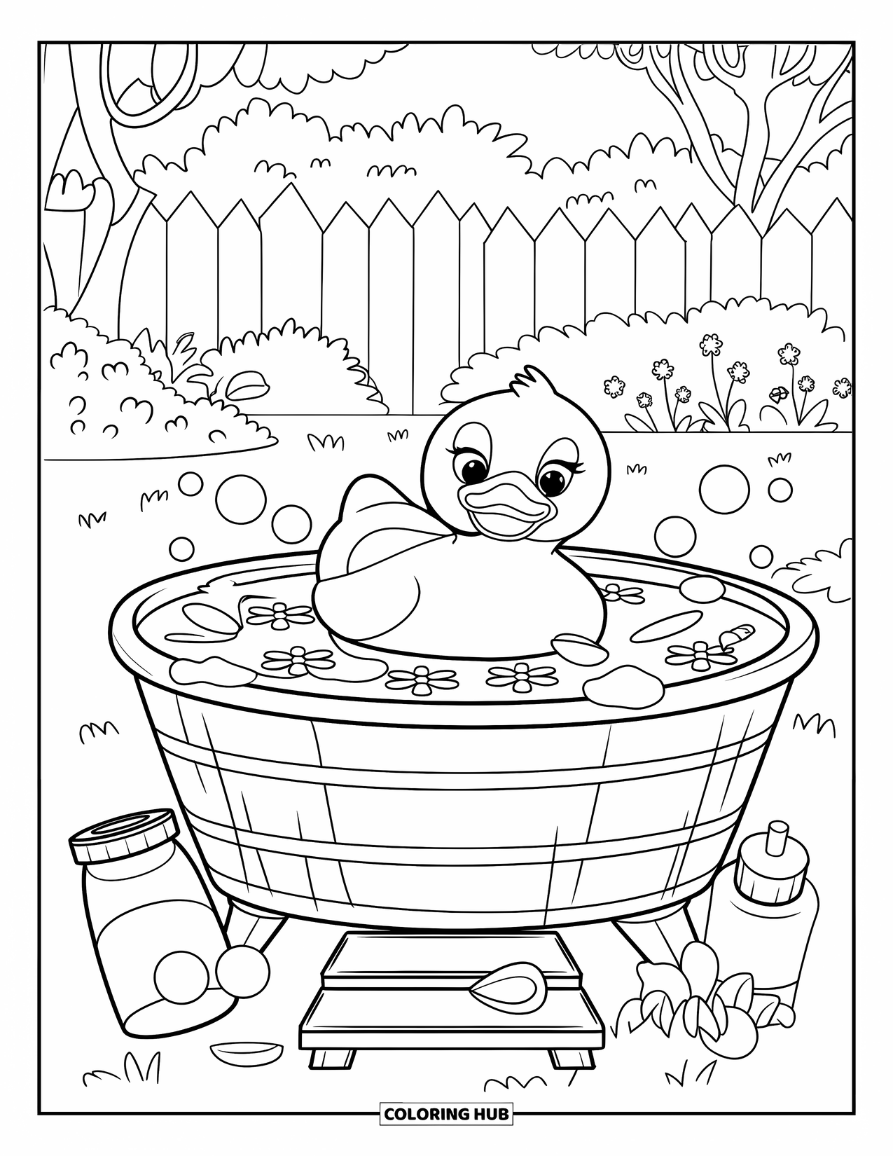Rubber Duck Coloring Page for Kids: A duck in a garden tub surrounded by petals, bubbles, and trees