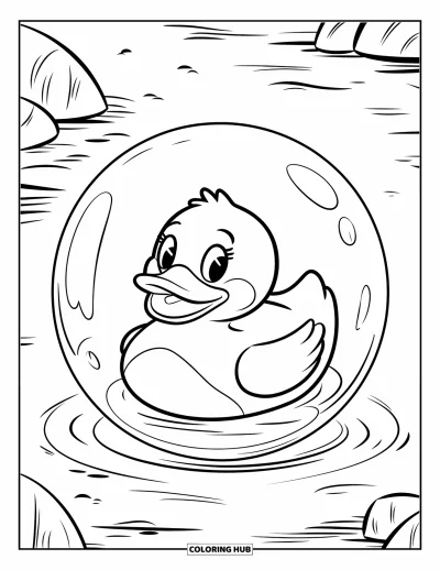 Coloriage de canard en caoutchouc pour enfants : Un canard à l'intérieur d'une bulle transparente flotte sur une eau calme