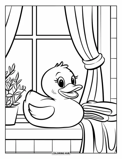 Coloriage de canard en caoutchouc pour enfants : Un canard sur un rebord de fenêtre près de linge plié et d'une petite plante