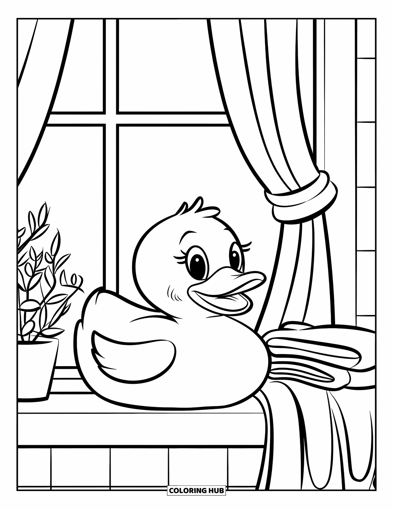 Rubber Duck Coloring Page for Kids: A duck on a windowsill next to folded linens and a tiny plant